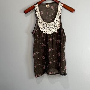 Womens Brown Floral Sheer Sleeveless Blouse White Crochet boho romantic Small